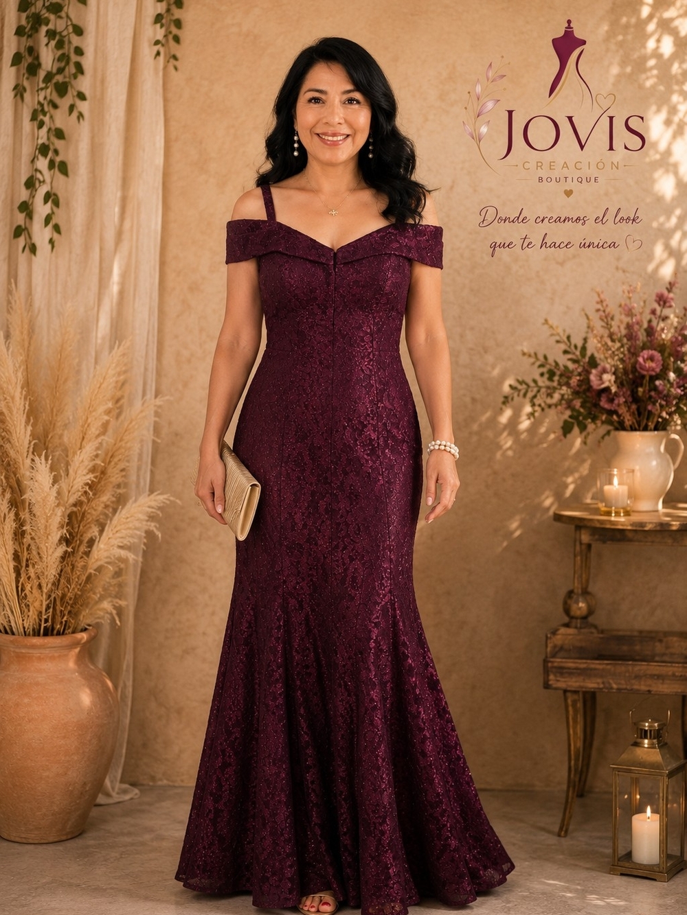 R&M Richards One-Shoulder Lace Evening Gown in Plum